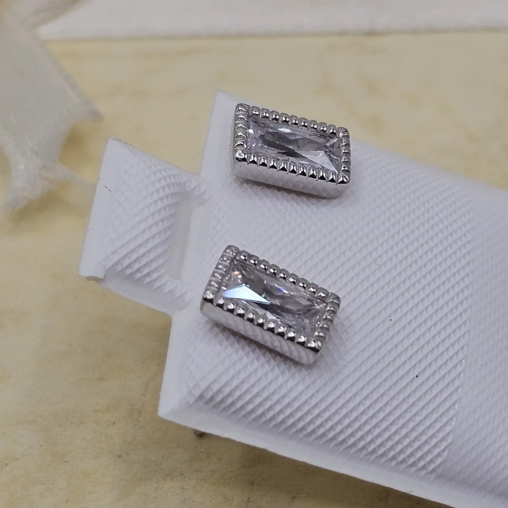 Sterling Silver 925 Rhodium Plated Rectangle Clear CZ Stud Earrings
